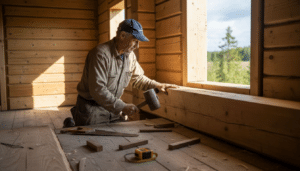 En finsk snekker i full sving med å bygge en tømmerhytte