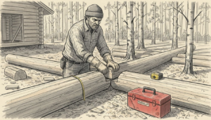 Työmies sovittaa hirsiä yhteen mökkityömaalla