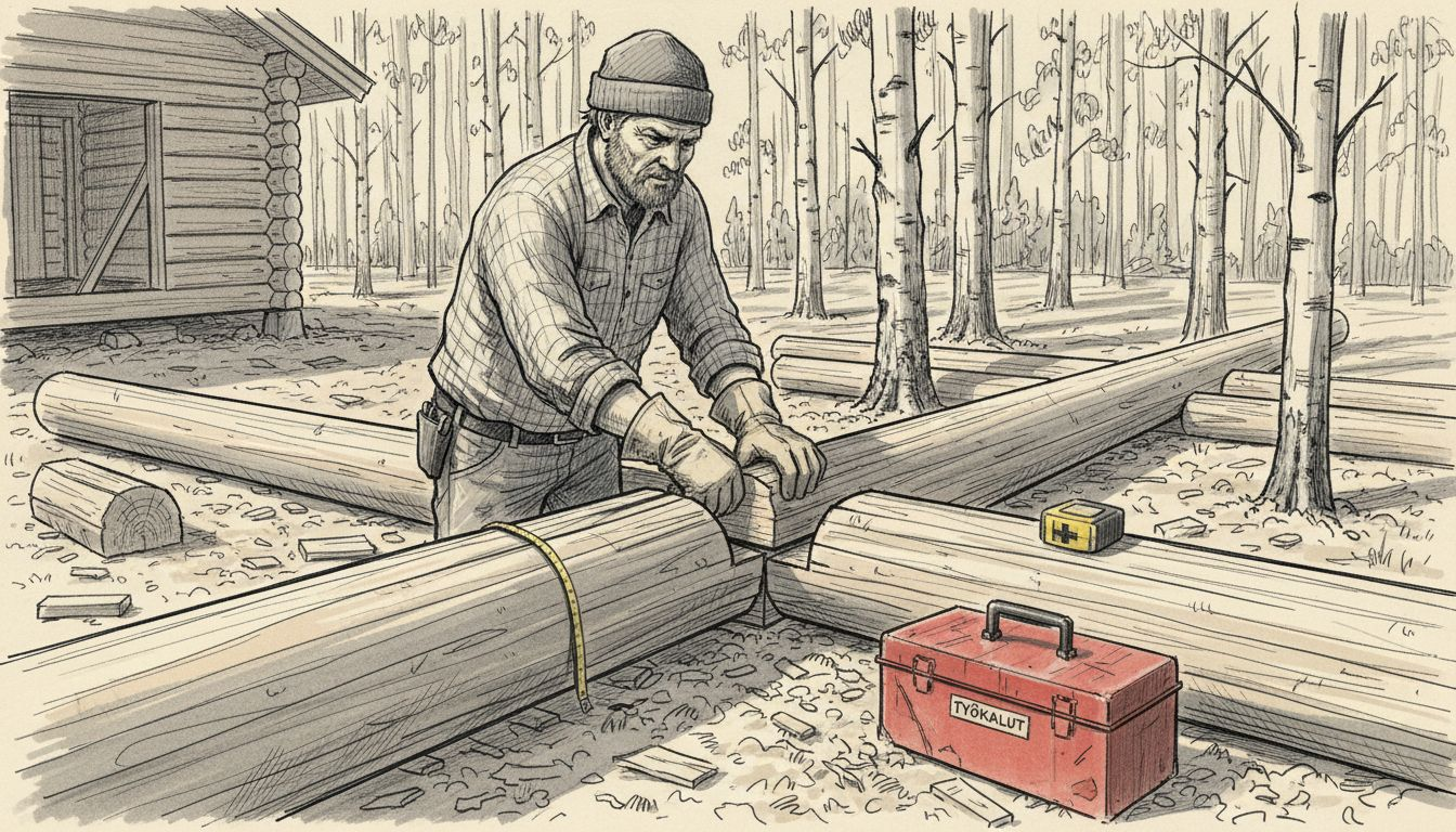 Työmies sovittaa hirsiä yhteen mökkityömaalla