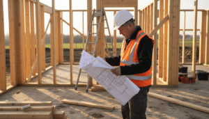 Der Bauleiter nimmt die Holzrahmen direkt auf der Baustelle genau unter die Lupe.