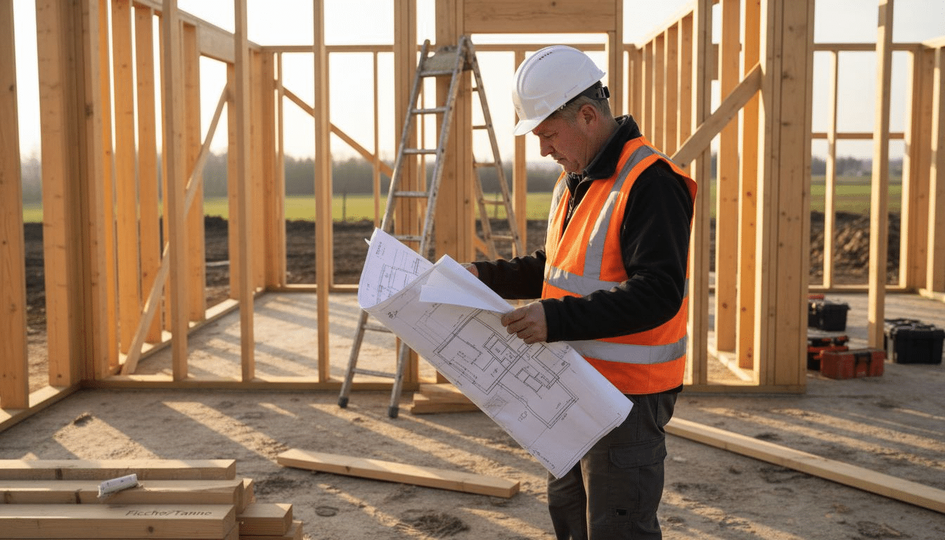 Der Bauleiter nimmt die Holzrahmen direkt auf der Baustelle genau unter die Lupe.