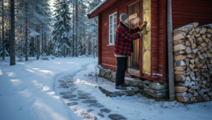 Man ser över isoleringen i vinterstugan för att försäkra sig om att den klarar kylan.