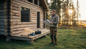 Mann ser over uferdig laftehytte og vurderer mulighetene