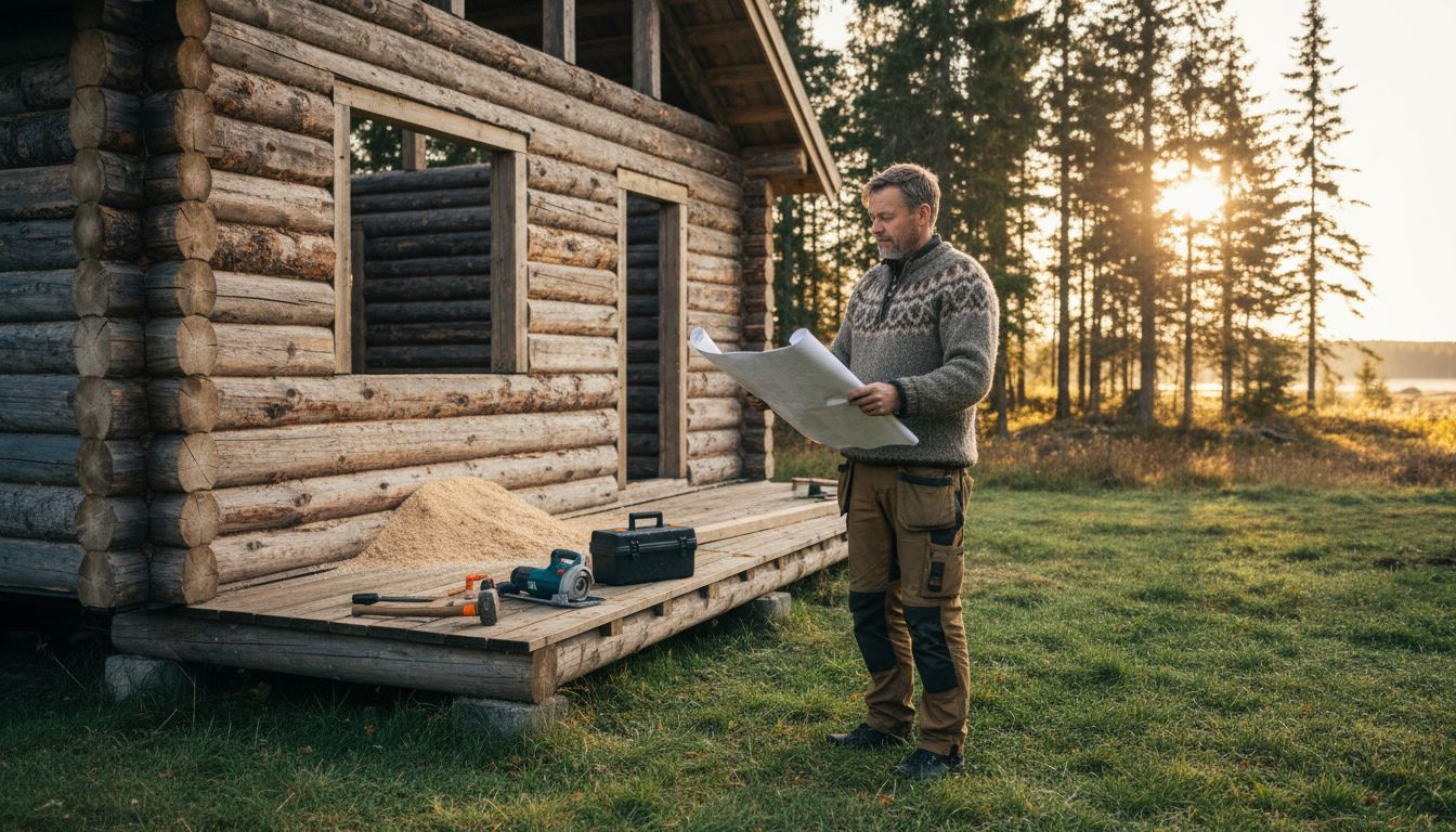 Mann ser over uferdig laftehytte og vurderer mulighetene