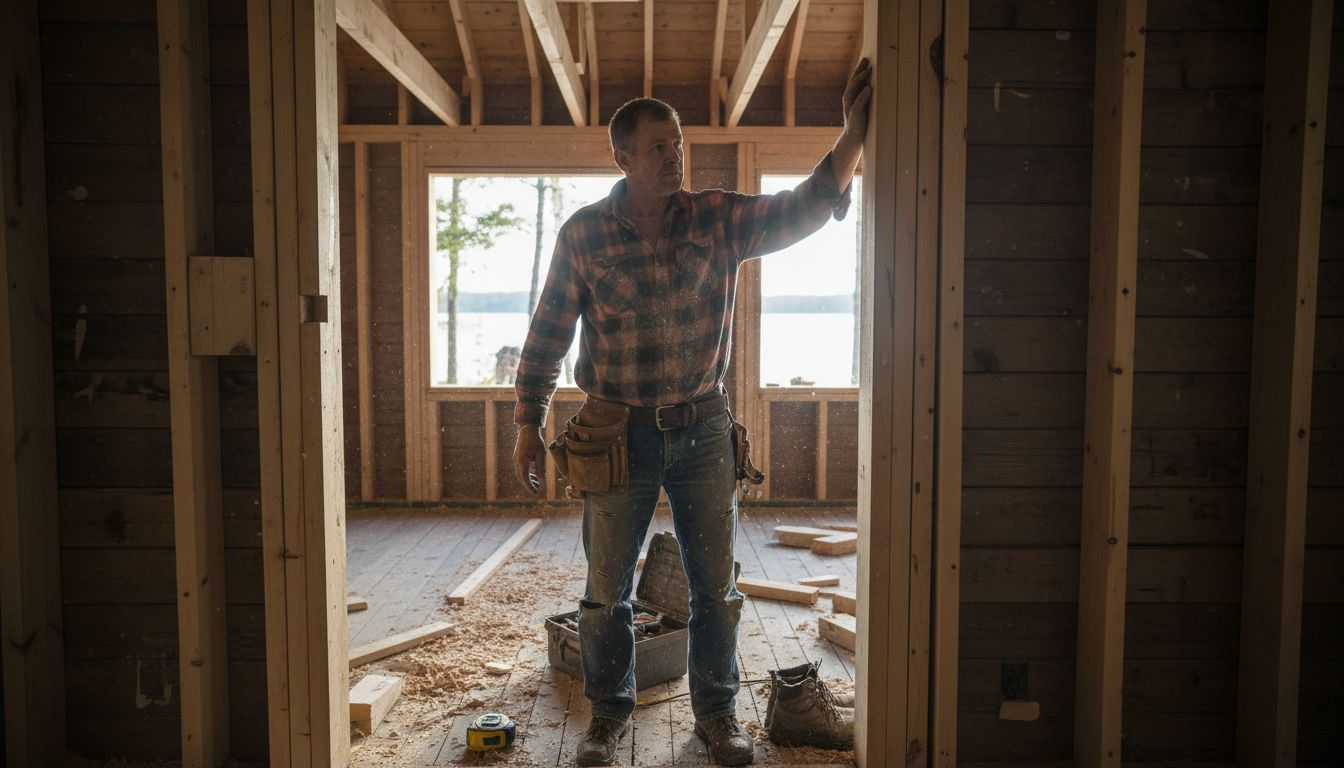 Builder examining timber beams in cottage