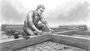 Työntekijä mittaa ja suoristaa hirsikehikon perustusta ulkona