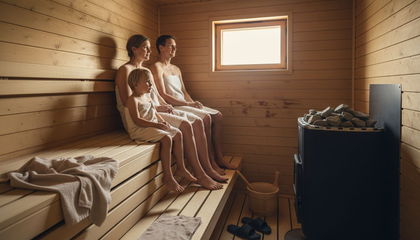 Eine Familie genießt gemeinsam entspannte Stunden im gemütlichen Ambiente einer traditionellen Sauna.