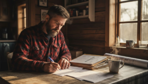 En mann sitter i hytta og fyller ut papirer til byggesøknaden.