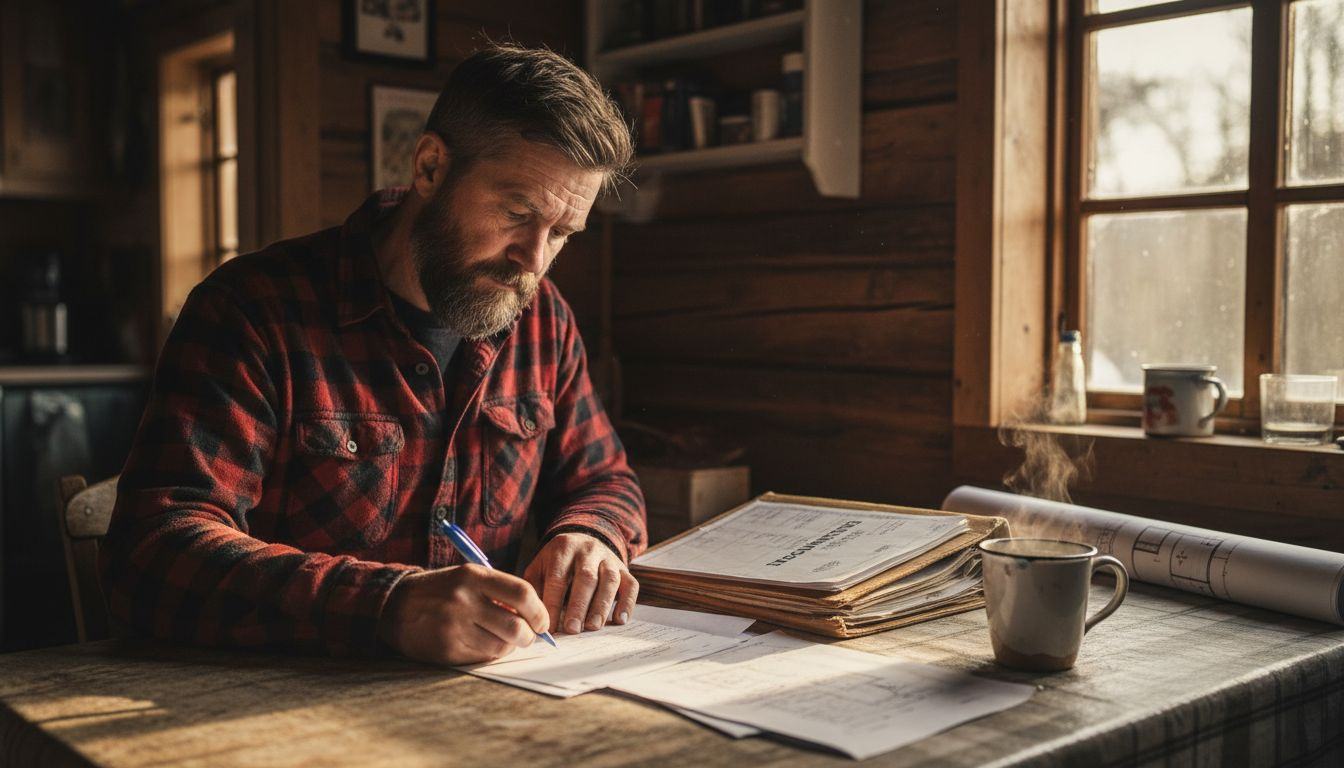 En mann sitter i hytta og fyller ut papirer til byggesøknaden.