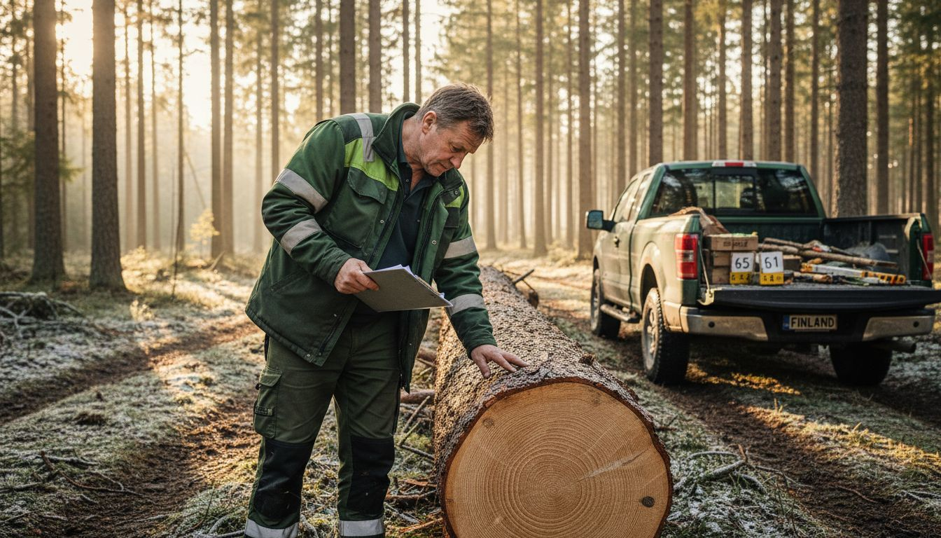 Forestry worker in Finnish pine forest