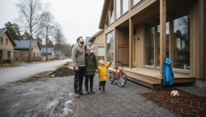En familj njuter av tiden tillsammans utanför sitt moderna och miljövänliga trähus.