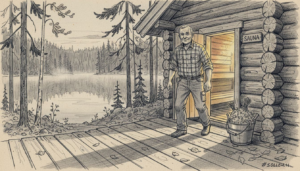 Perinteinen puulämmitteinen sauna järven rannalla keskellä metsää