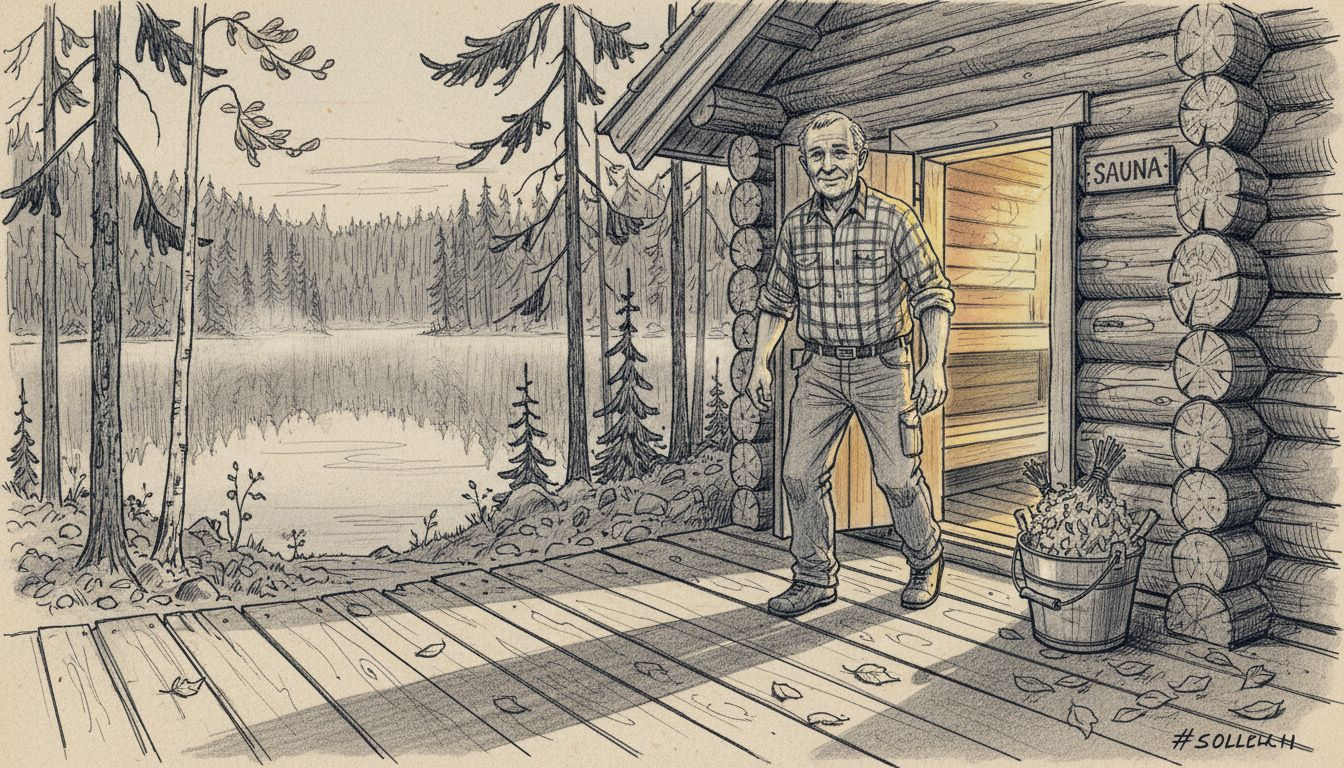 Perinteinen puulämmitteinen sauna järven rannalla keskellä metsää