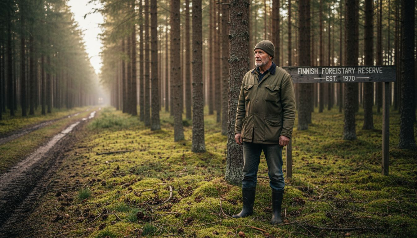 Forestry worker in dense Finnish pine forest