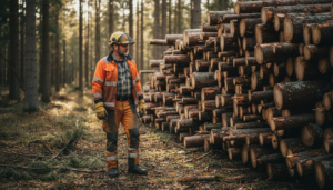 Ein Holzfäller steht im finnischen Wald neben frisch gestapeltem Holz.