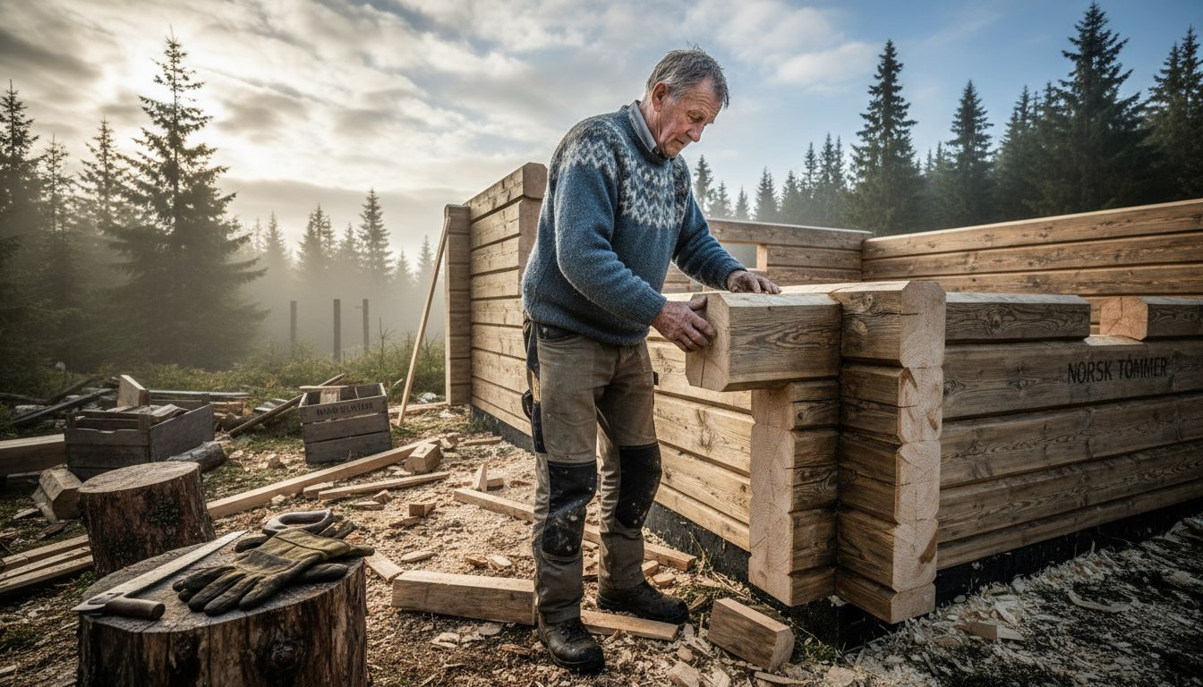 En eldre håndverker står ute og undersøker tømmerbjelkene på en laftet hytte.