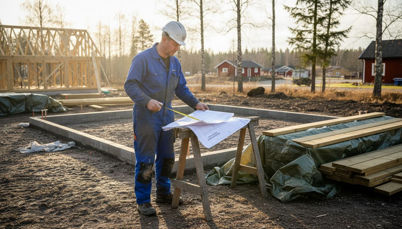 Snickare går igenom byggplanerna vid en lösvirkesgrund på ett husbygge