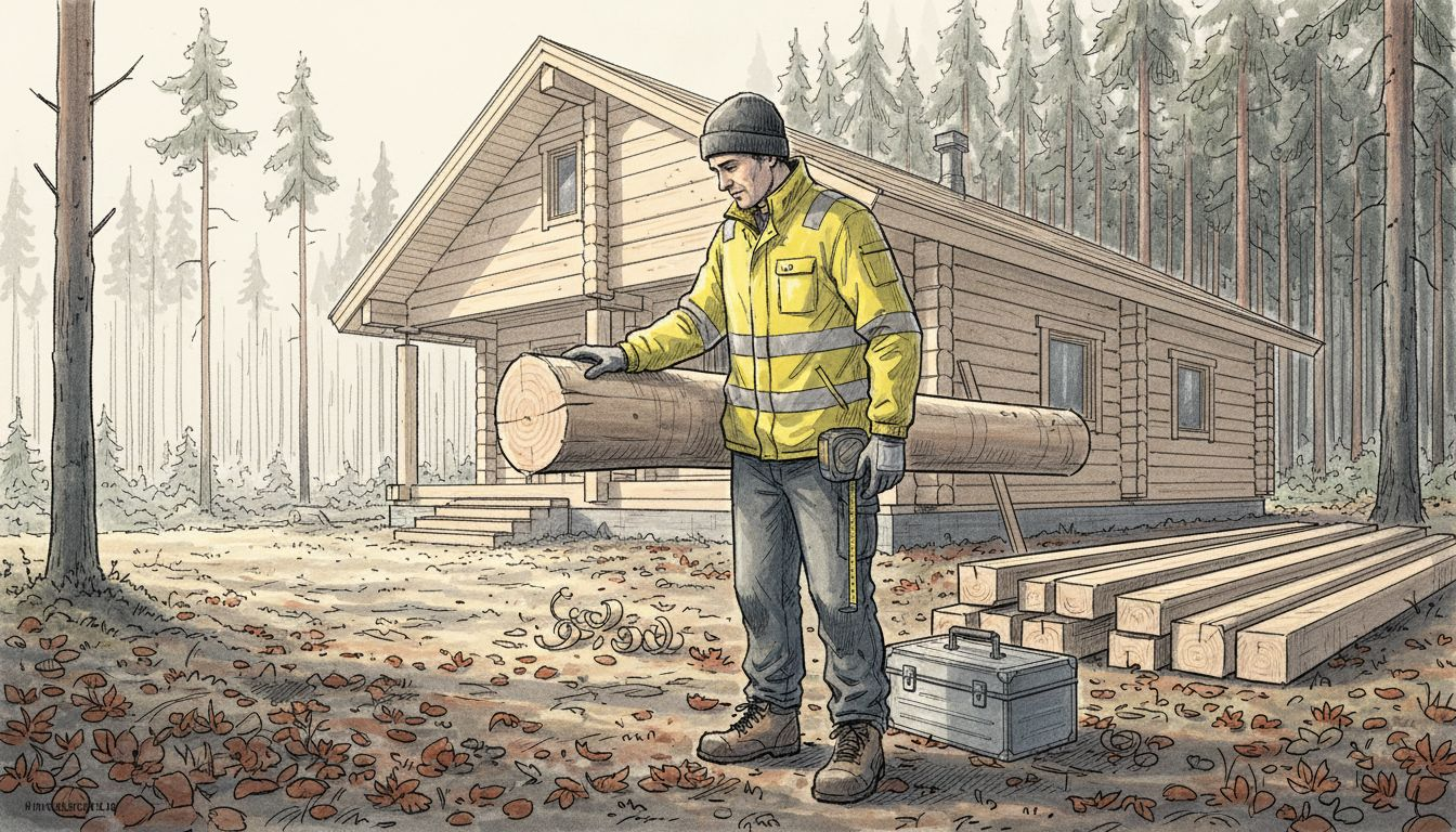 Hirsitaloa rakentamassa suomalaisen metsän reunalla