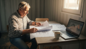 Ein Architekt begutachtet Baupläne für ein Blockhaus, die auf einem Holztisch ausgebreitet sind.