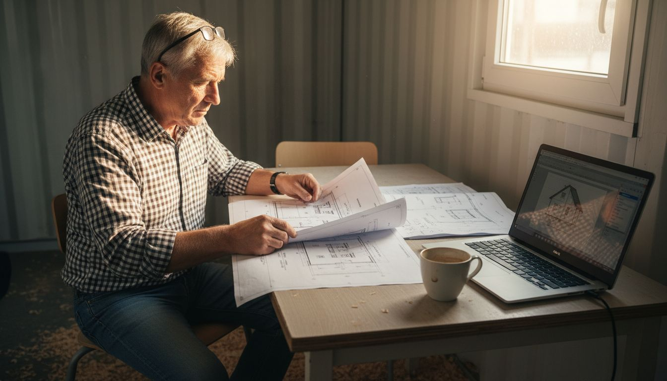 Ein Architekt begutachtet Baupläne für ein Blockhaus, die auf einem Holztisch ausgebreitet sind.