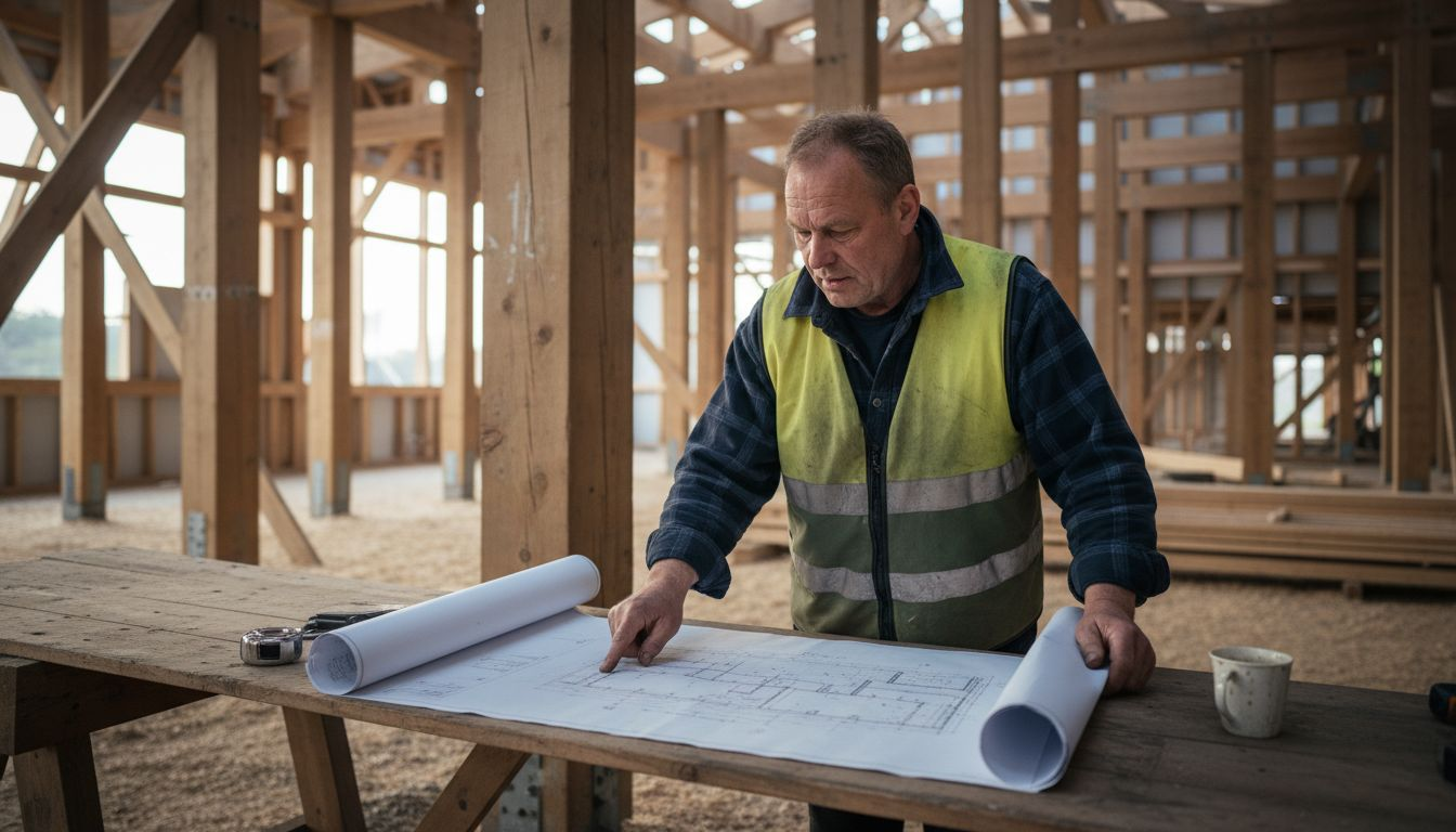 Byggelederen går grundig gjennom trekonstruksjonene på byggeplassen for å sikre at alt er som det skal.