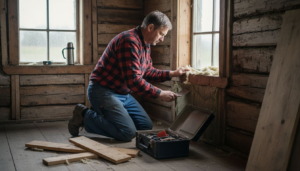 Invändig isolering av timmerhus utförs direkt på platsen.