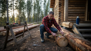 Finnish builder assembling logs for timber home