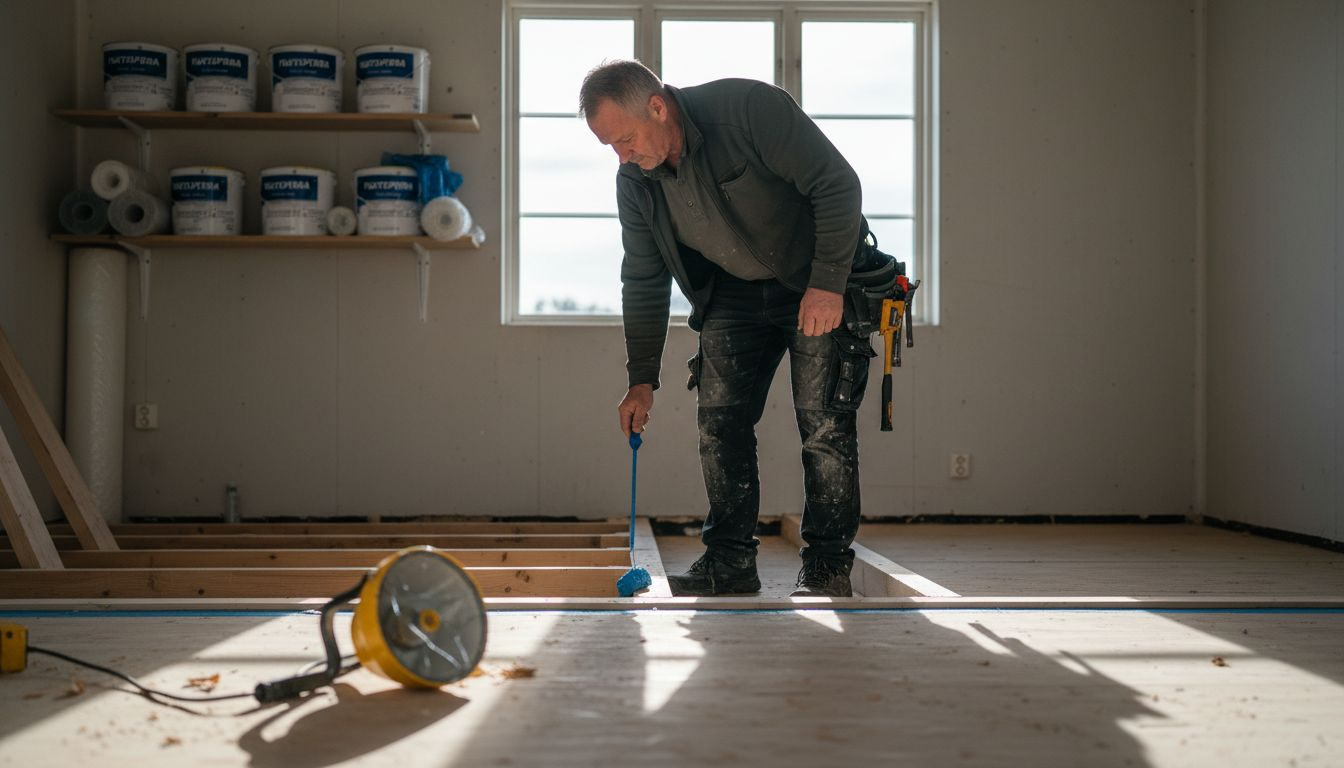 En montör lägger på fuktspärr över träbjälklaget för att skydda mot fukt.