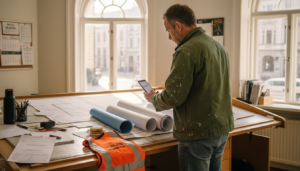 En person leverer inn byggesøknad med tegninger til kommunen.