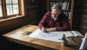 En arkitekt sitter vid ett träbord och skissar på ett timmerhus.