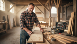 Ein Schreiner prüft verschiedene Holzarten, um herauszufinden, welches sich am besten für den Bau einer Sauna eignet.