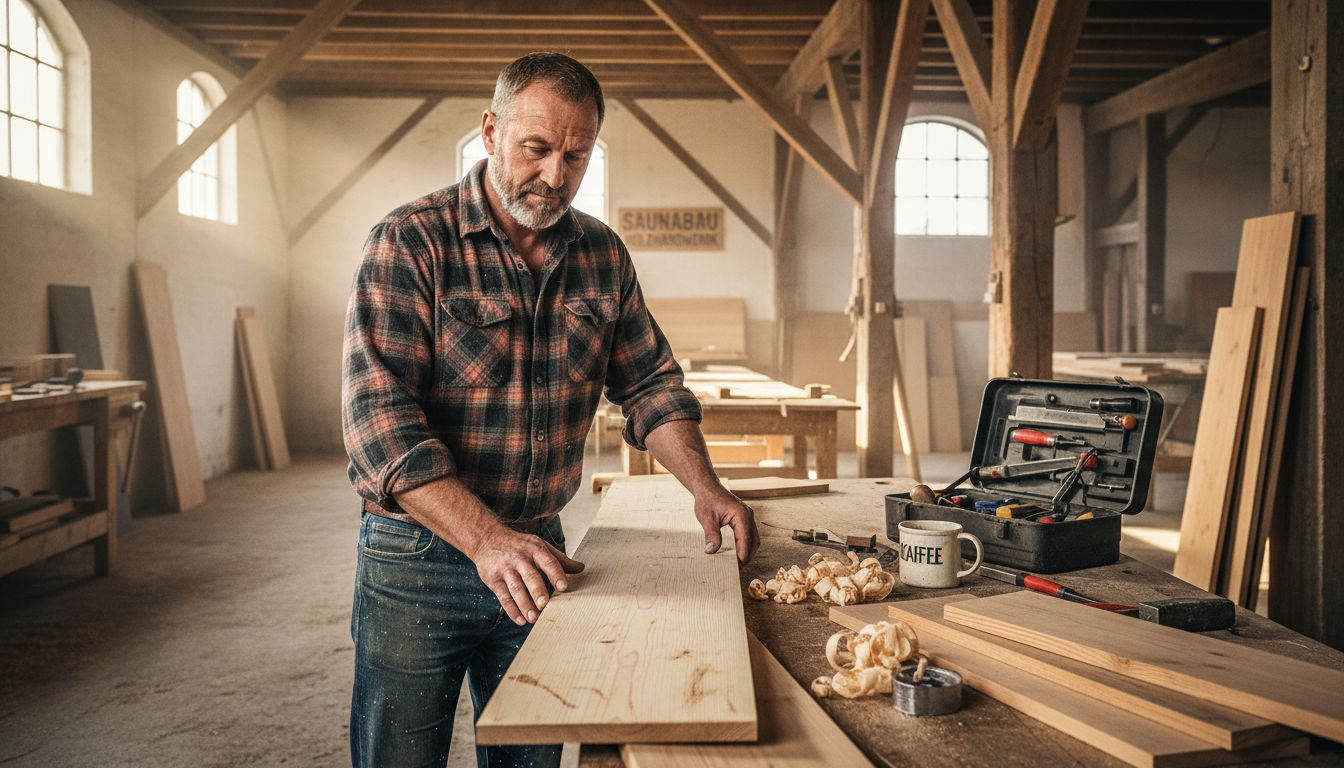 Ein Schreiner prüft verschiedene Holzarten, um herauszufinden, welches sich am besten für den Bau einer Sauna eignet.
