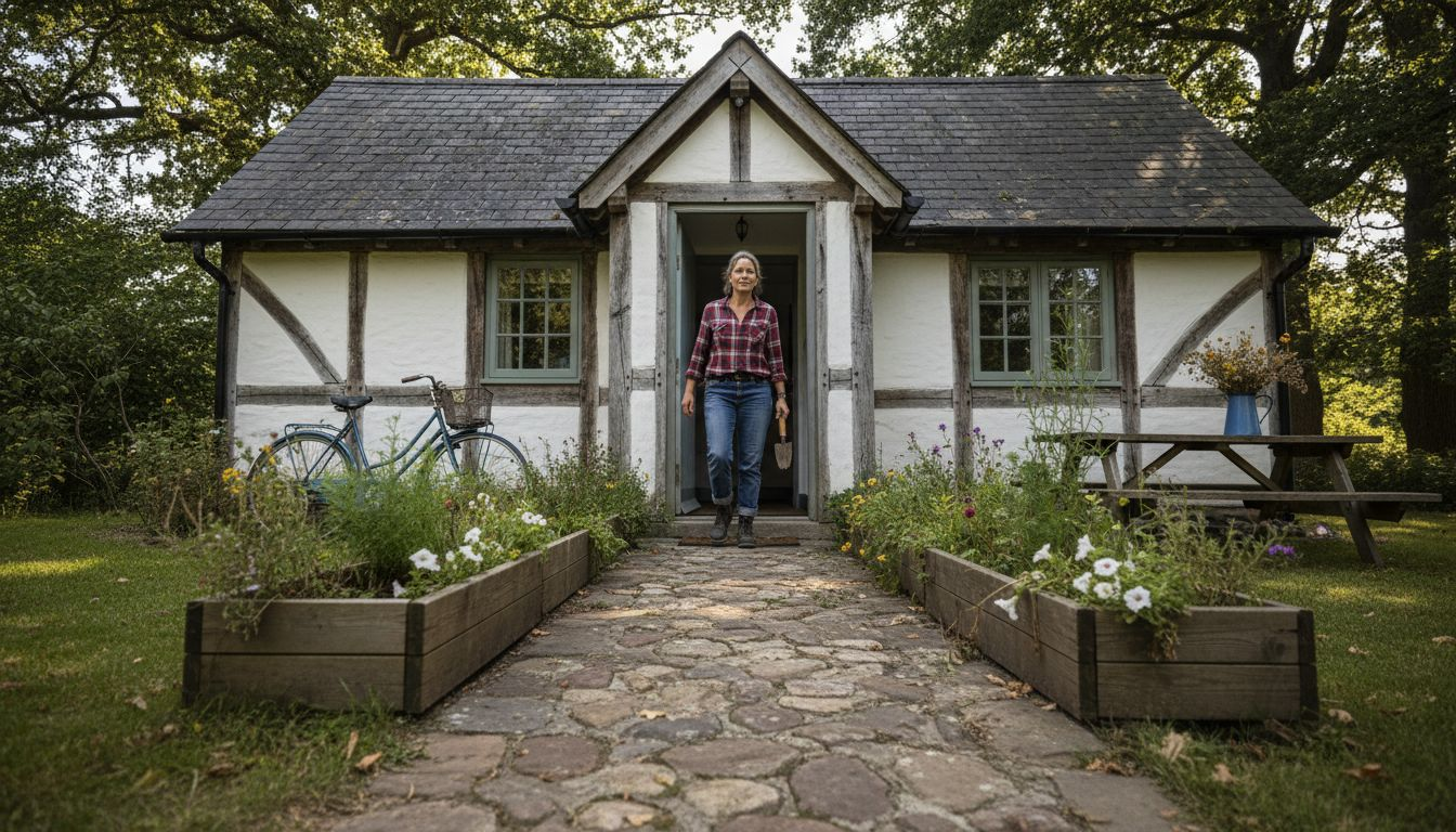 Woman outside rural custom cottage with garden