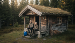 Late dager i enkel tømmerkoie langt inne i skogen