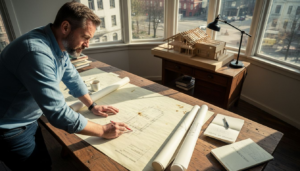 Arkitekten går nøye gjennom tegningene til treprosjektet for å sikre at alt er på plass.