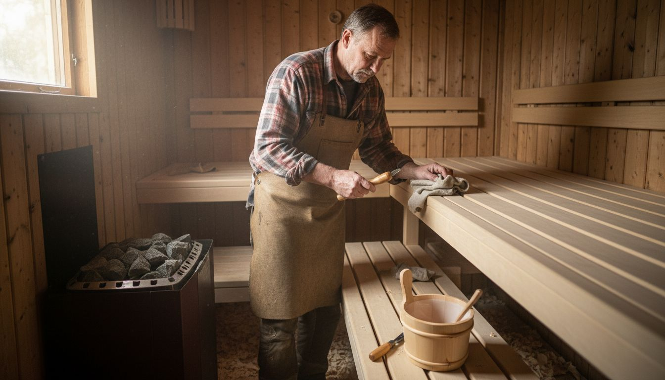 Craftsman examining timber in authentic Finnish sauna