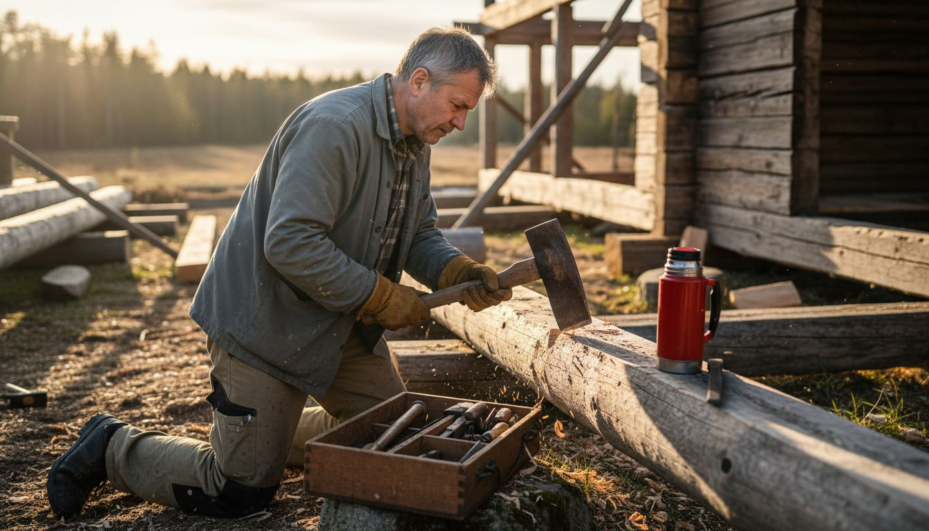 På landet bygger snickare timmerhus med traditionella hantverksmetoder.