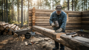 En finsk tømrer er i full gang med å sette opp en laftehytte ute i skogen.
