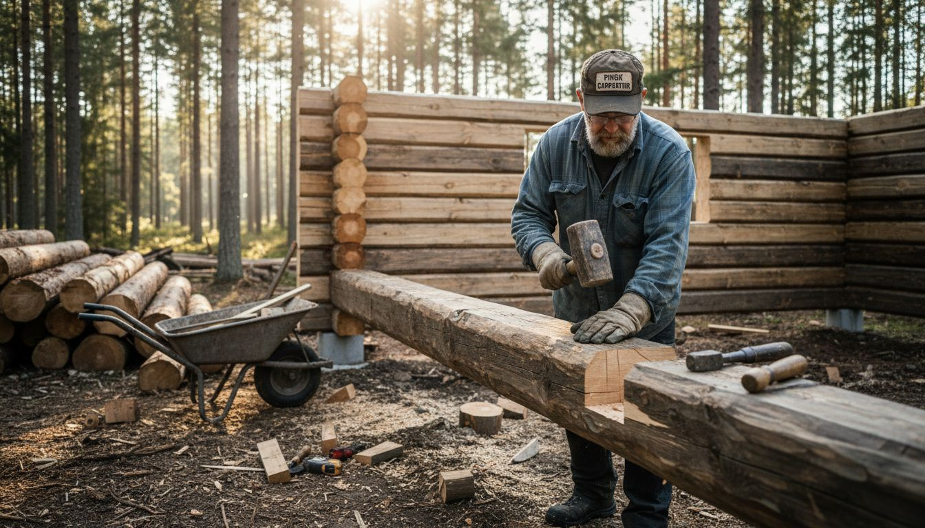 En finsk tømrer er i full gang med å sette opp en laftehytte ute i skogen.
