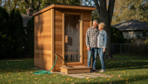 Couple admires modern backyard prefabricated sauna