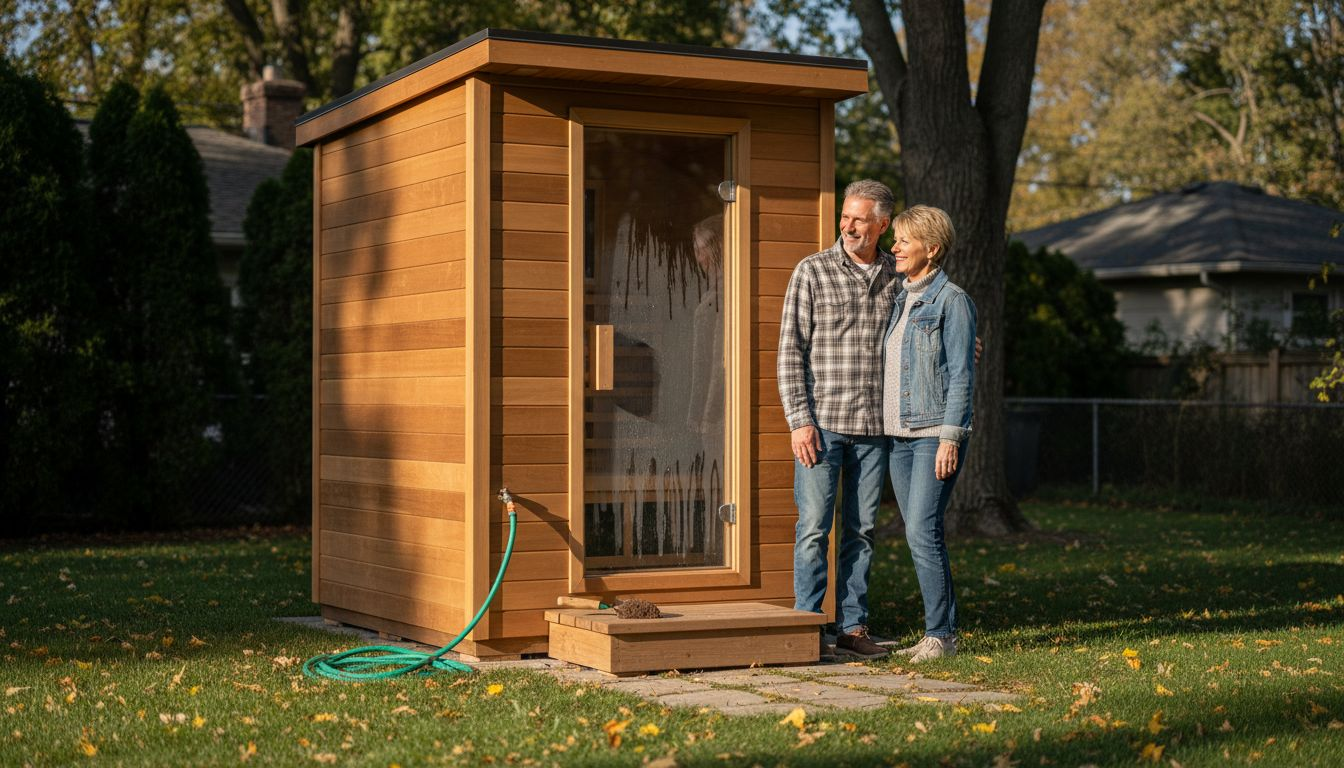 Couple admires modern backyard prefabricated sauna