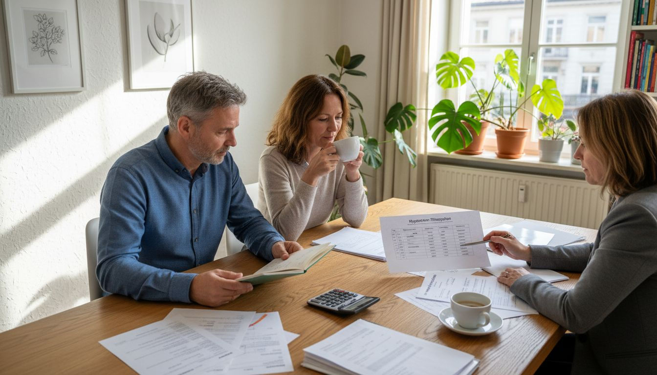 Ein Ehepaar lässt sich von einem Finanzexperten zum Thema Baufinanzierung beraten.