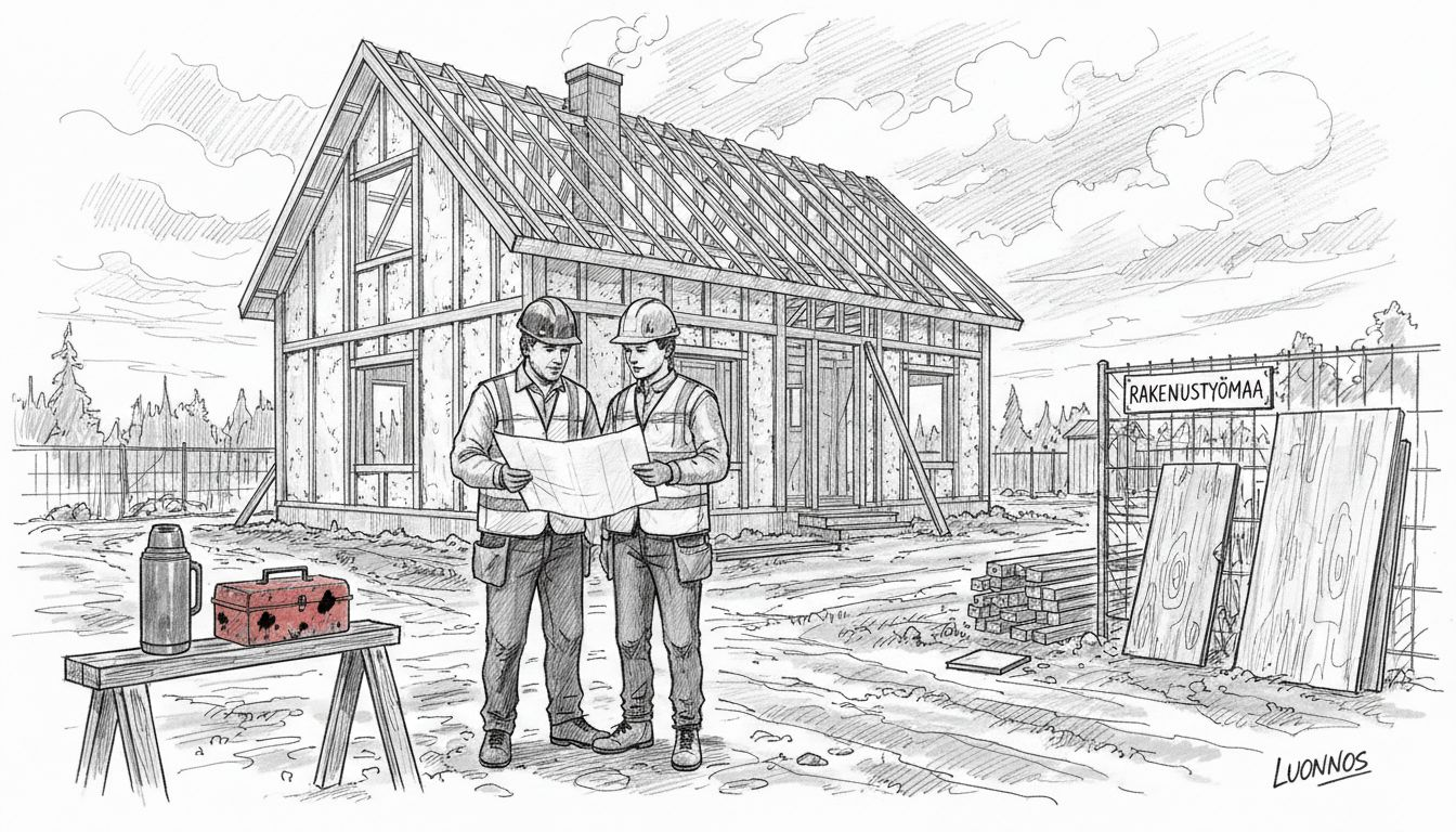 Työmaapäällikkö ja kirvesmies puurakenteisen talon rakennustyömaalla