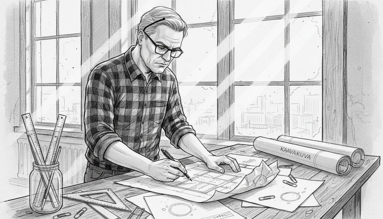 Arkkitehti tutkii ja vertailee suunnitelmia työpöytänsä äärellä toimistolla.