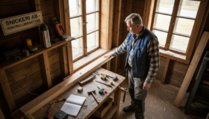 En snickare inspekterar träet noggrant under byggarbetet.