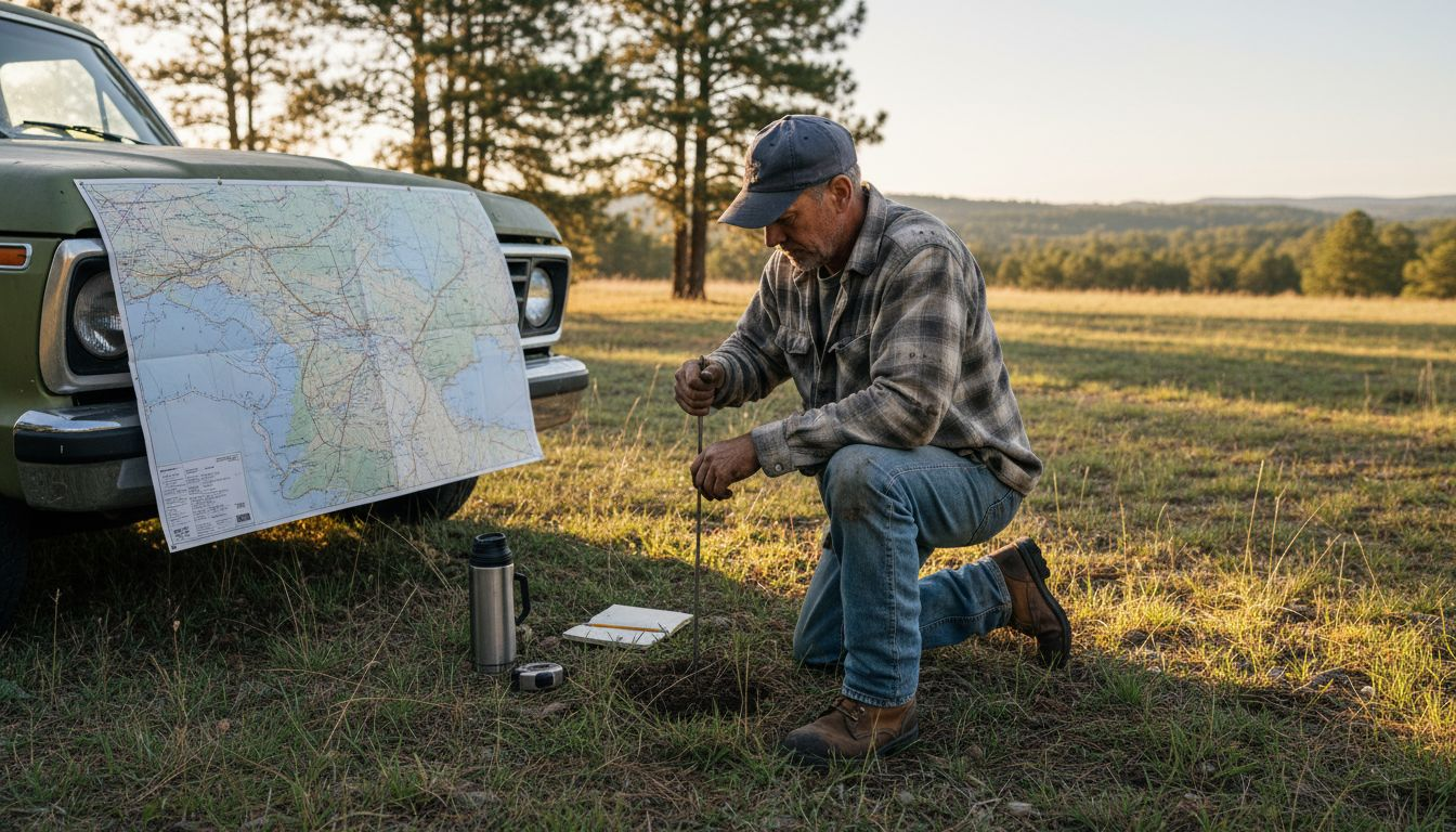 Man assessing rural timber cottage site