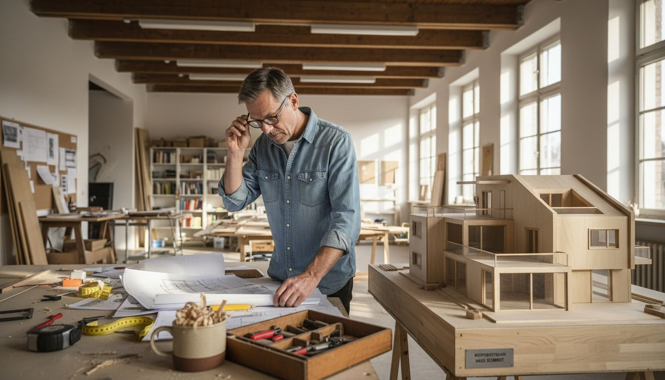 Architekt arbeitet im Atelier an einem Holzmodell für ein Haus.