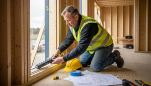 Byggmesteren sørger for å tette vinduene på byggeplassen