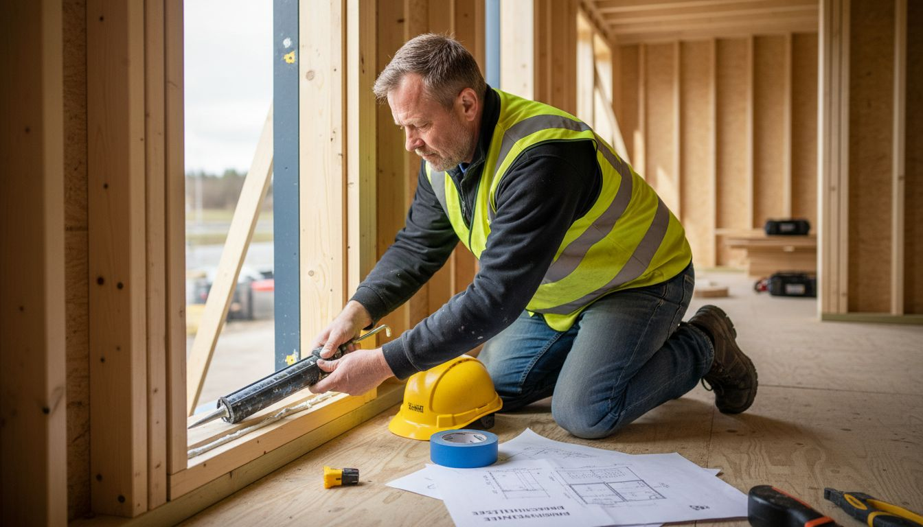 Byggmesteren sørger for å tette vinduene på byggeplassen