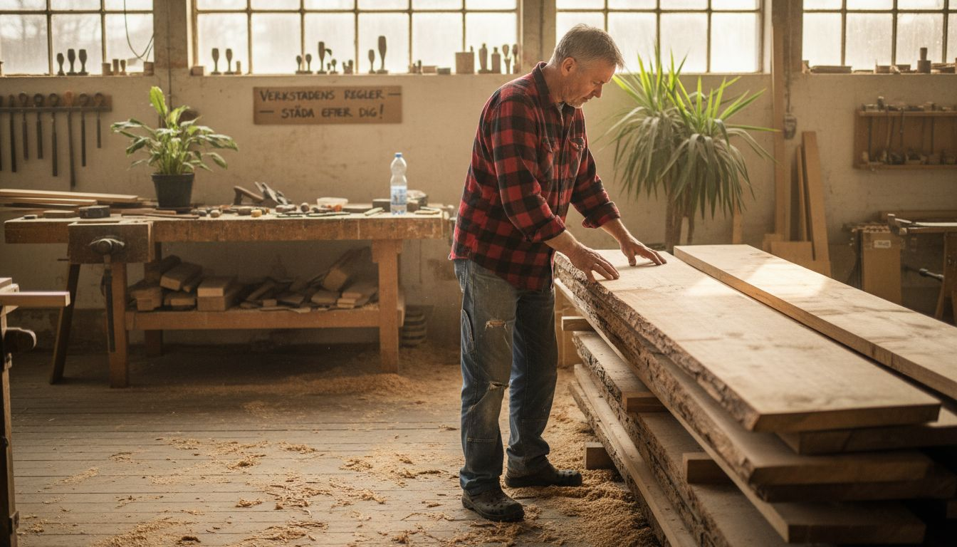 En snickare granskar noggrant virket i det solbelysta verkstaden.